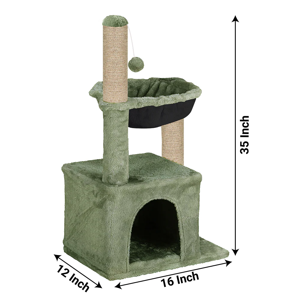 Furrlovers Plush Activity Cat Tree with Condo, Hammock & Jute Rope Scratching Posts for Kittens (Green) - Image 4