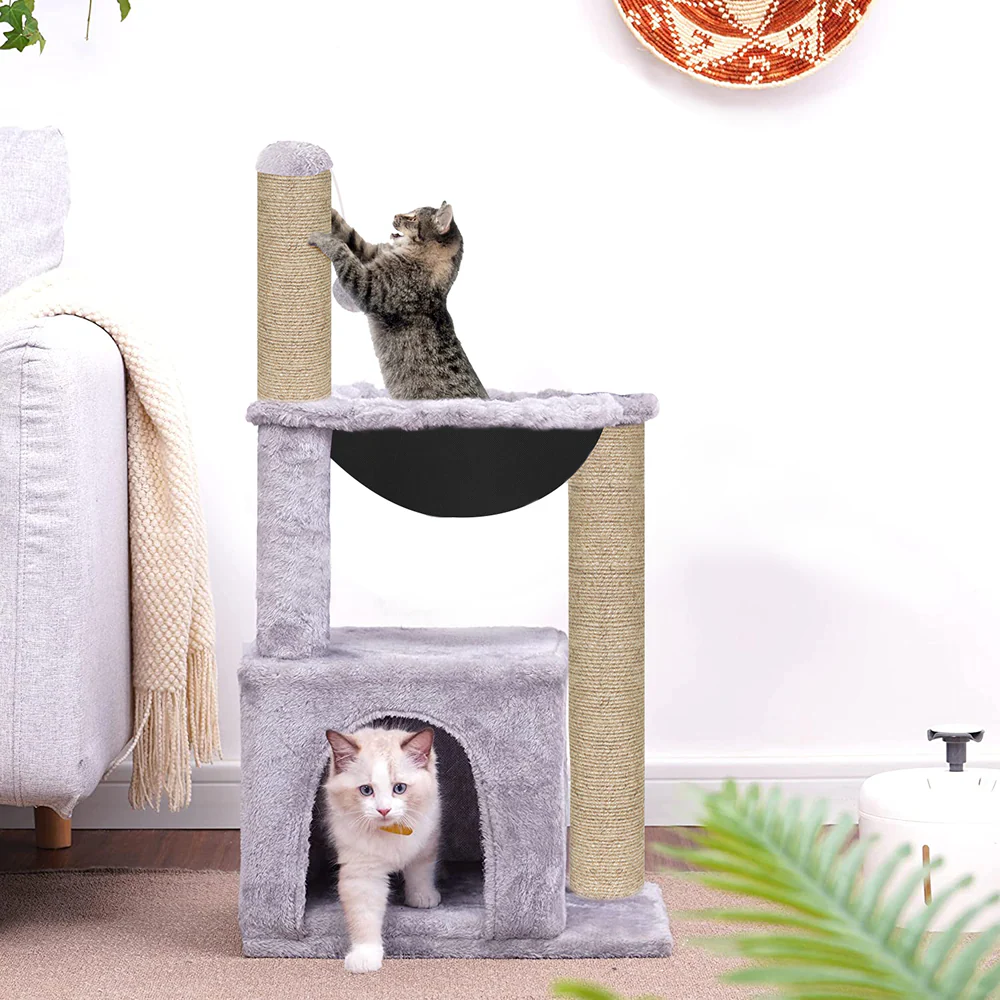 Furrlovers Plush Activity Cat Tree with Condo, Hammock & Jute Rope Scratching Posts for Kittens (Grey) - Image 3
