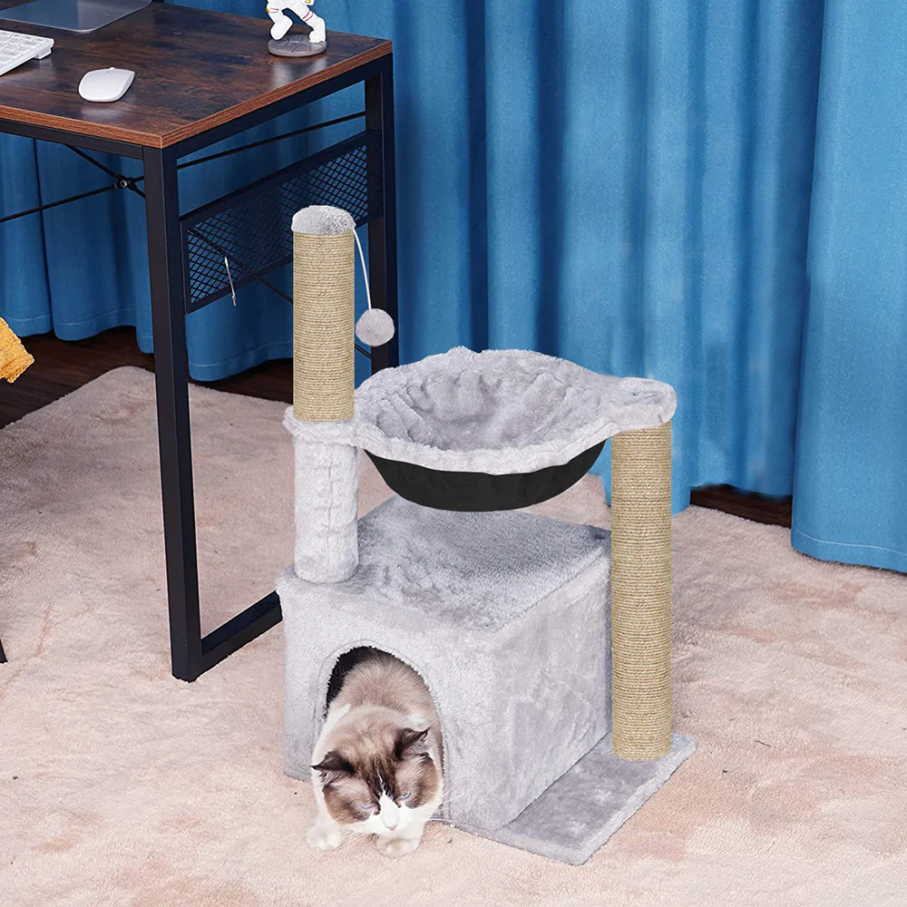 Furrlovers Plush Activity Cat Tree with Condo, Hammock & Jute Rope Scratching Posts for Kittens (Grey) - Image 4