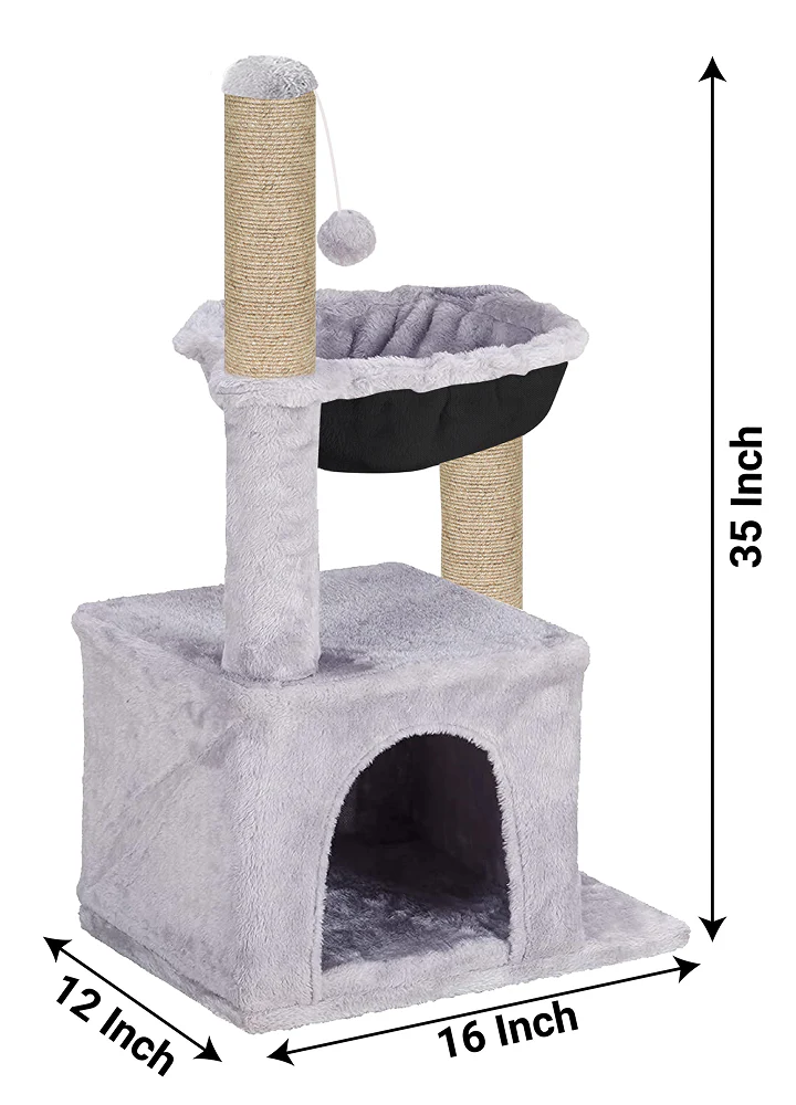Furrlovers Plush Activity Cat Tree with Condo, Hammock & Jute Rope Scratching Posts for Kittens (Grey) - Image 6