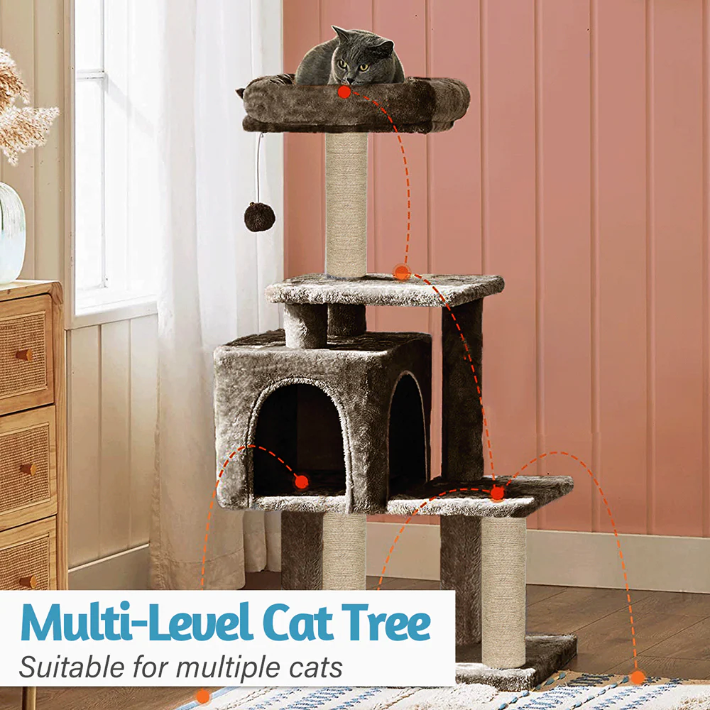 Furrlovers Plush Cat Scratching Post & Activity Tree with Hammock, Condo & Sisal Rope (Brown) - Image 2