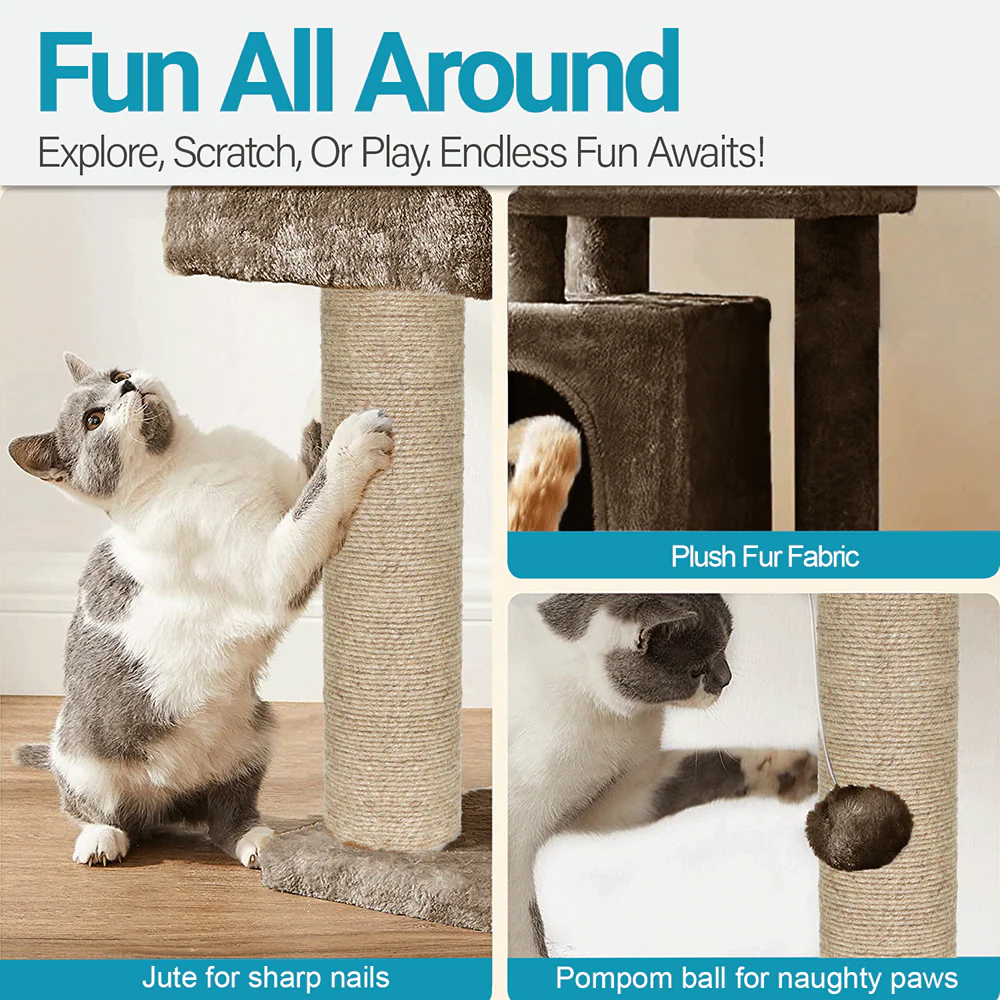 Furrlovers Plush Cat Scratching Post & Activity Tree with Hammock, Condo & Sisal Rope (Brown) - Image 3
