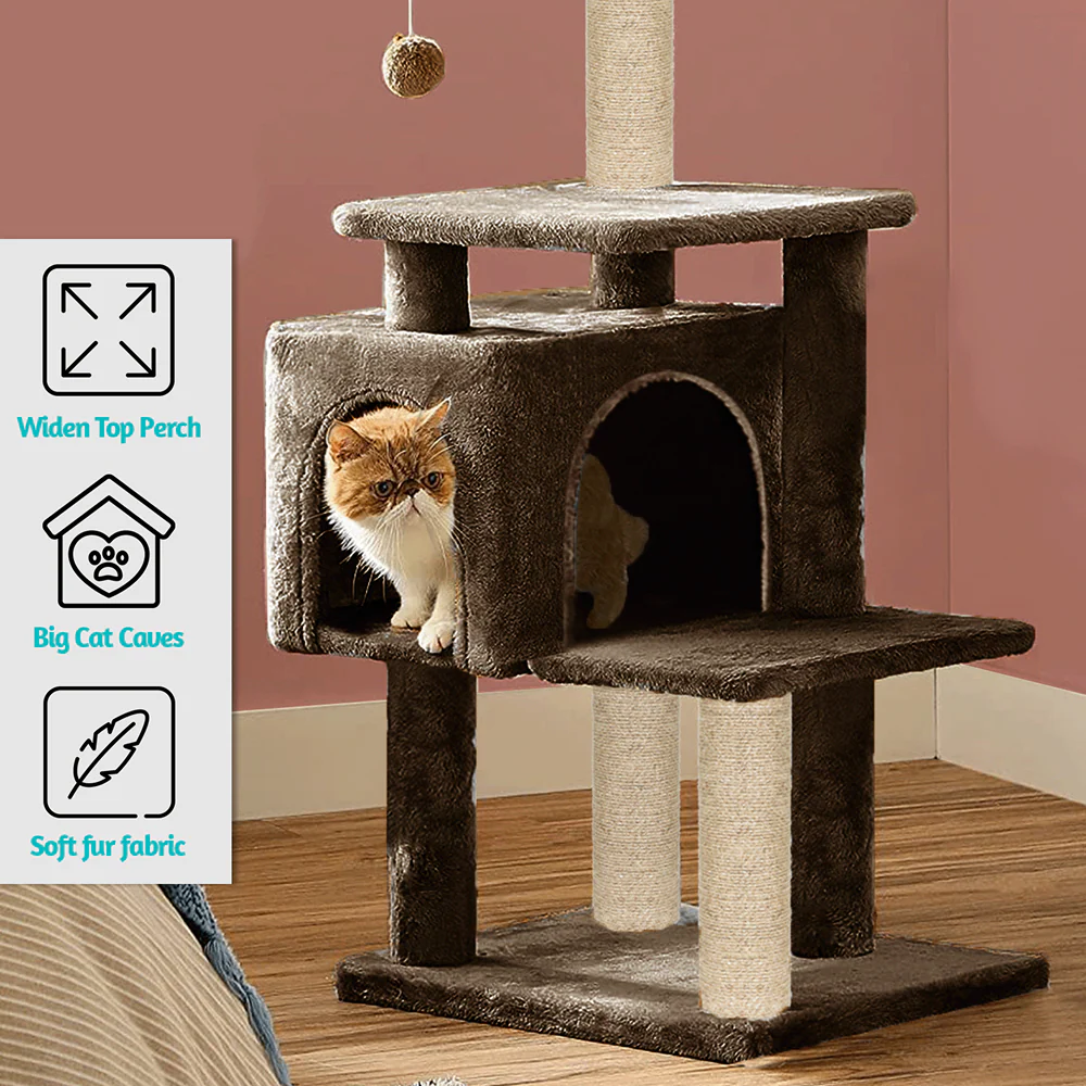 Furrlovers Plush Cat Scratching Post & Activity Tree with Hammock, Condo & Sisal Rope (Brown) - Image 5