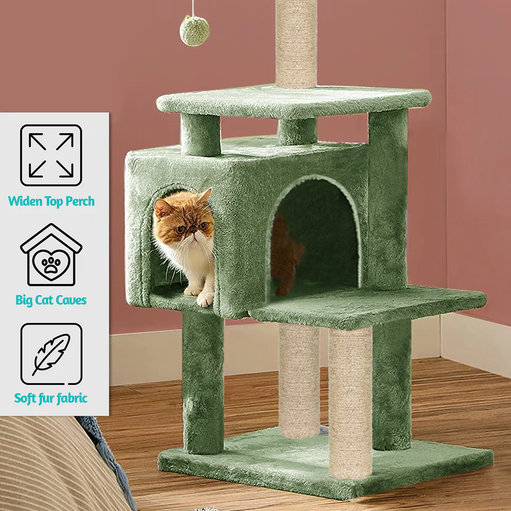 Furrlovers Plush Cat Scratching Post & Activity Tree with Hammock, Condo & Sisal Rope (Green) - Image 2