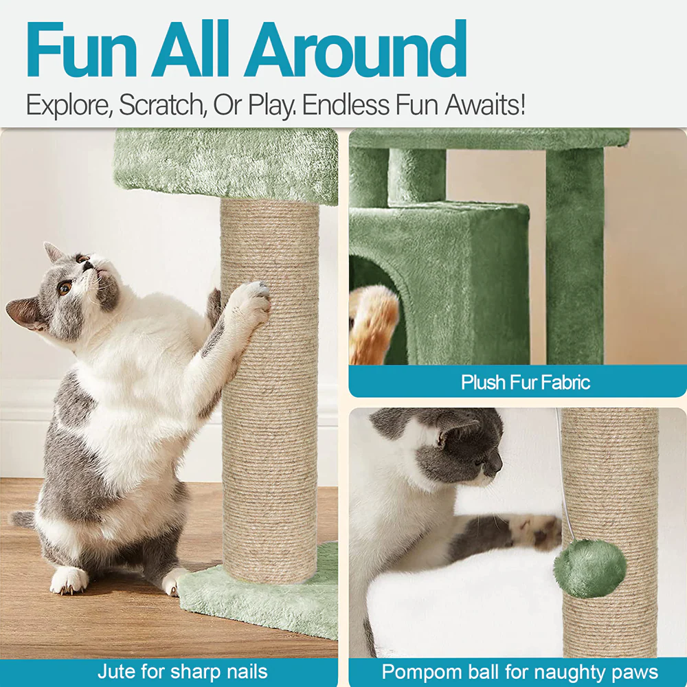 Furrlovers Plush Cat Scratching Post & Activity Tree with Hammock, Condo & Sisal Rope (Green) - Image 3