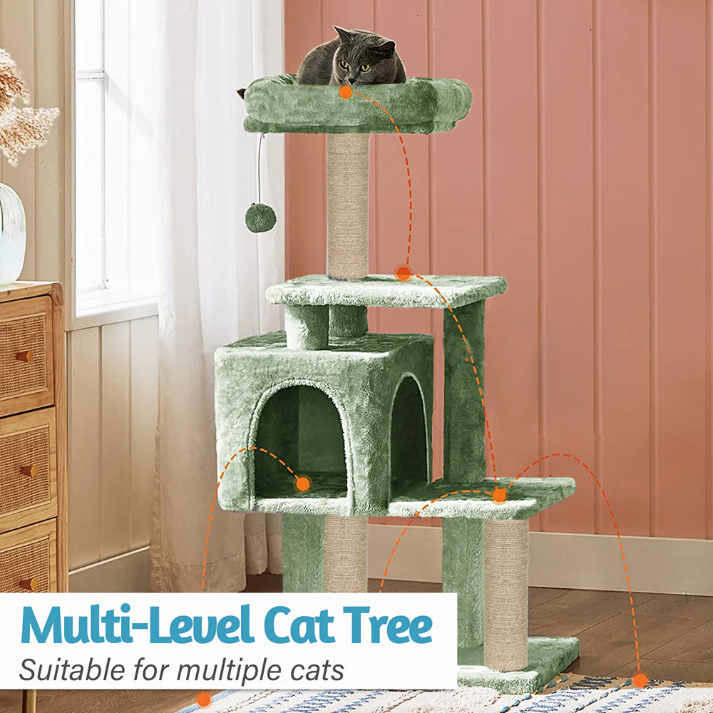 Furrlovers Plush Cat Scratching Post & Activity Tree with Hammock, Condo & Sisal Rope (Green) - Image 4