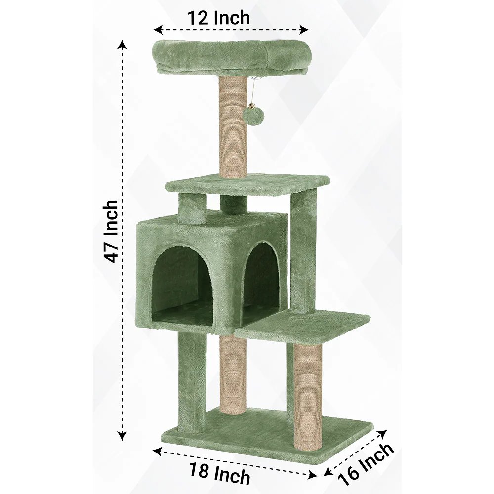 Furrlovers Plush Cat Scratching Post & Activity Tree with Hammock, Condo & Sisal Rope (Green) - Image 7