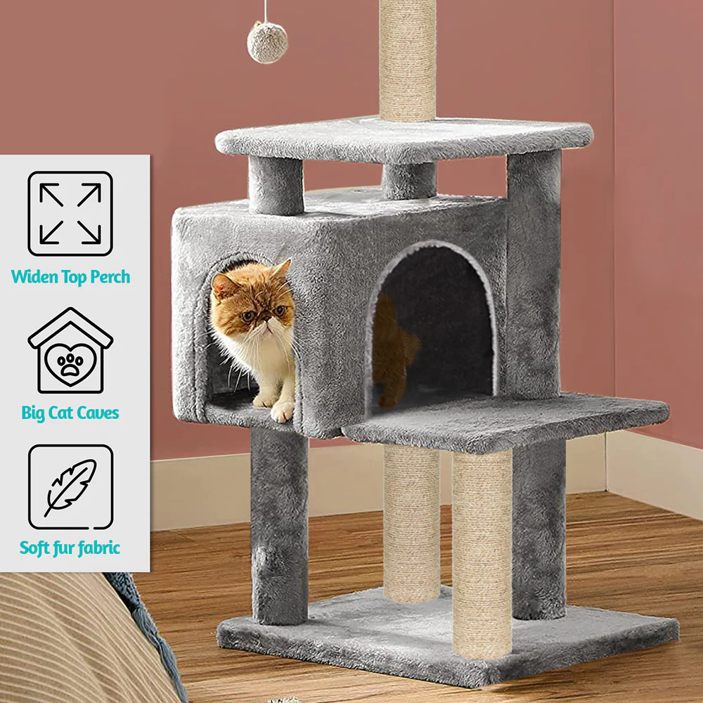 Furrlovers Plush Cat Scratching Post & Activity Tree with Hammock, Condo & Sisal Rope (Grey) - Image 3