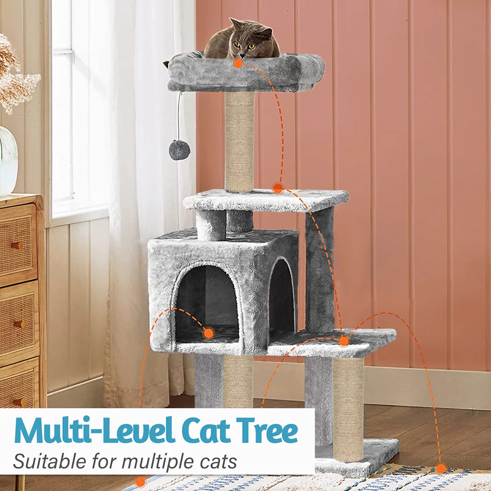 Furrlovers Plush Cat Scratching Post & Activity Tree with Hammock, Condo & Sisal Rope (Grey) - Image 5