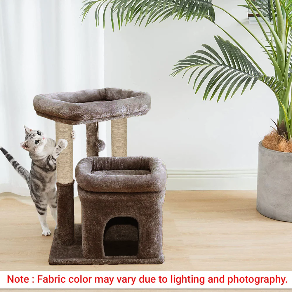 Furrlovers Plush Cat Tree with Scratching Post, Bed & Toy (Brown) - Image 2