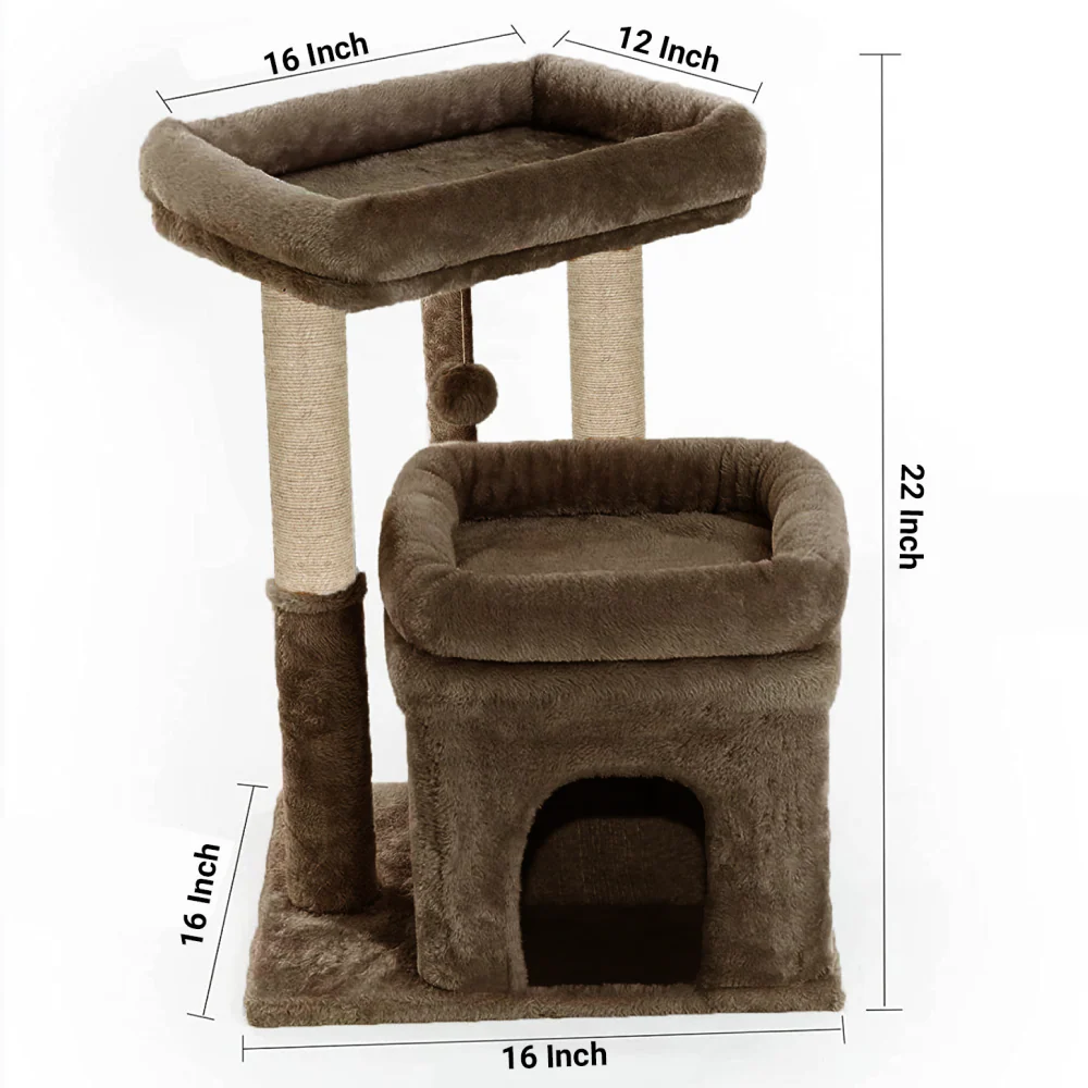 Furrlovers Plush Cat Tree with Scratching Post, Bed & Toy (Brown) - Image 4