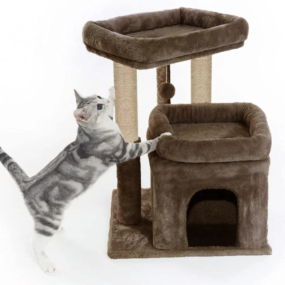 Furrlovers Plush Cat Tree with Scratching Post, Bed & Toy (Brown) - Image 6