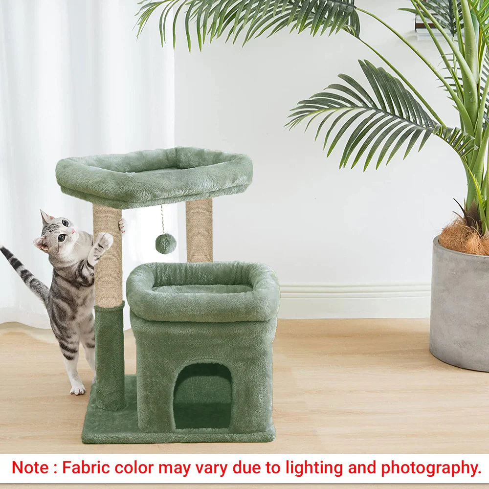 Furrlovers Plush Cat Tree with Scratching Post, Bed & Toy (Green) - Image 2