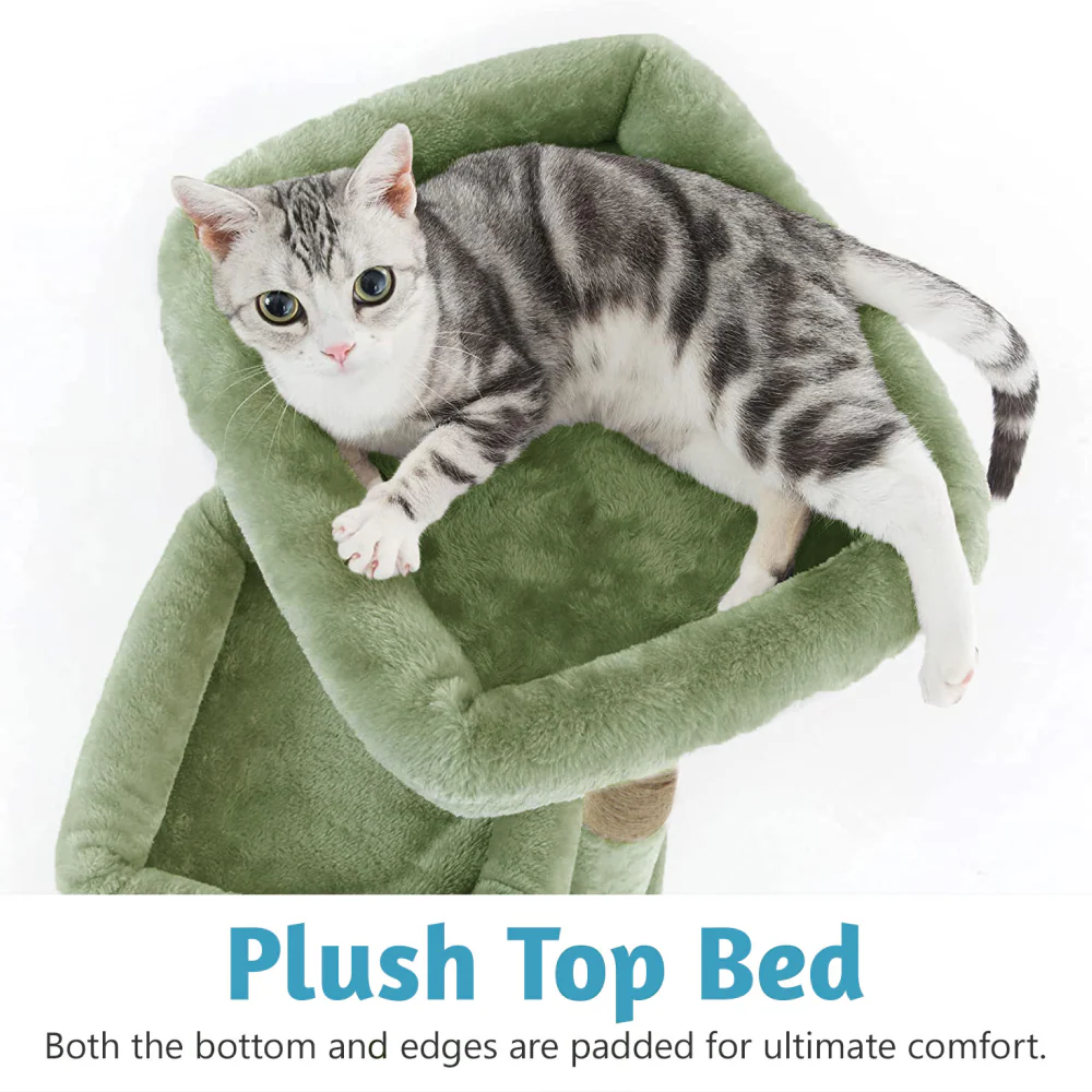 Furrlovers Plush Cat Tree with Scratching Post, Bed & Toy (Green) - Image 3