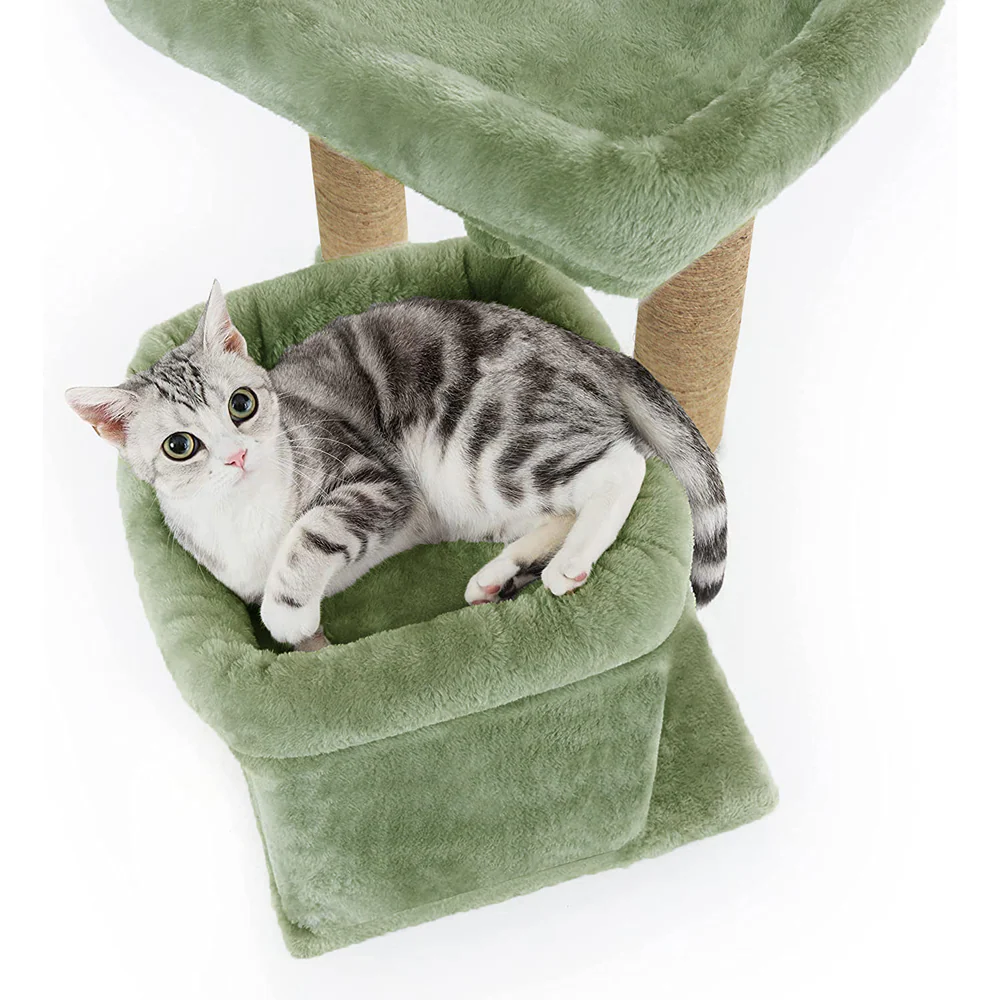 Furrlovers Plush Cat Tree with Scratching Post, Bed & Toy (Green) - Image 4