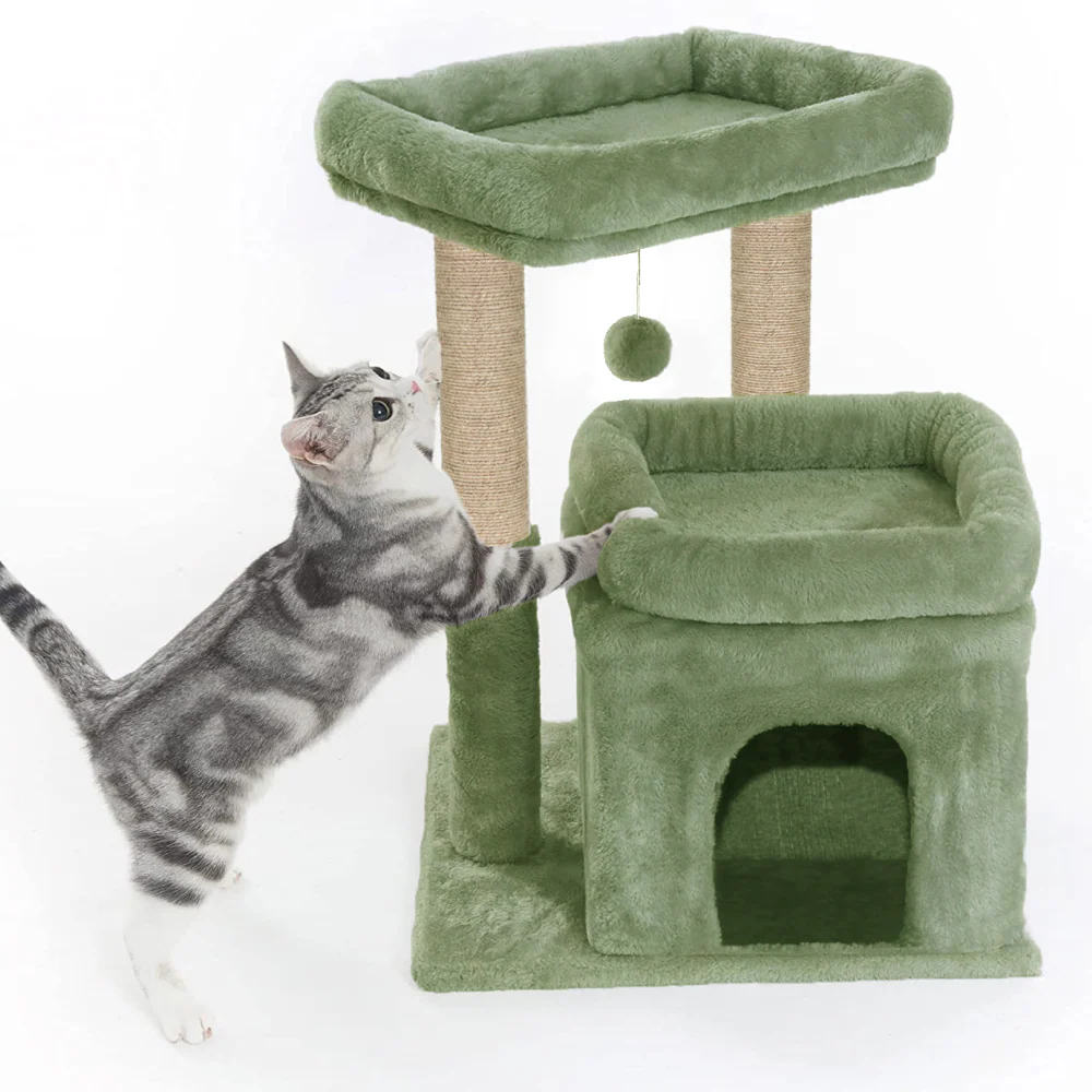 Furrlovers Plush Cat Tree with Scratching Post, Bed & Toy (Green) - Image 5