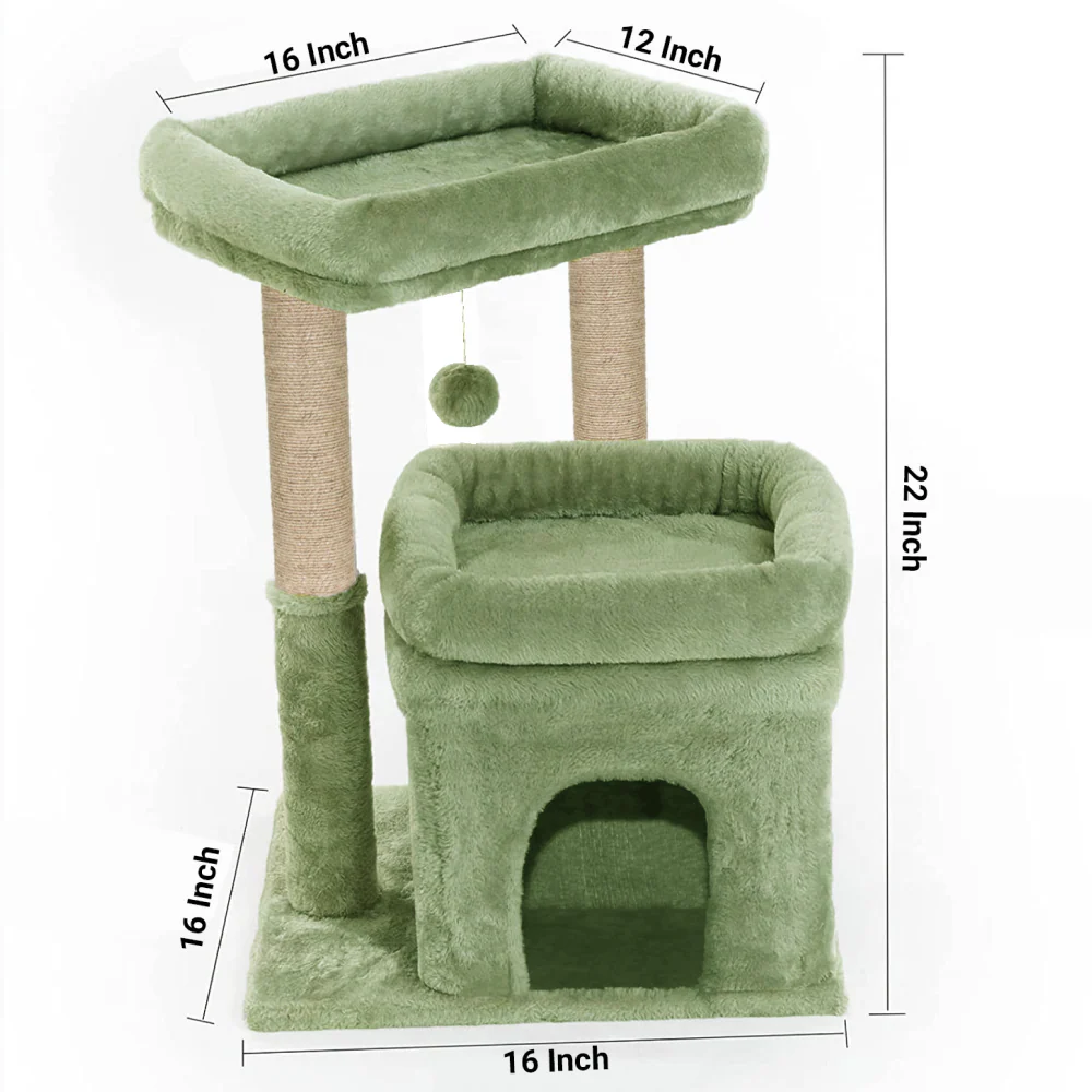Furrlovers Plush Cat Tree with Scratching Post, Bed & Toy (Green) - Image 6