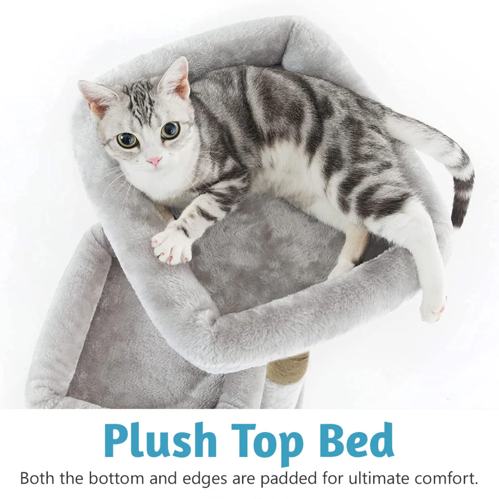 Furrlovers Plush Cat Tree with Scratching Post, Bed & Toy (Grey) - Image 2