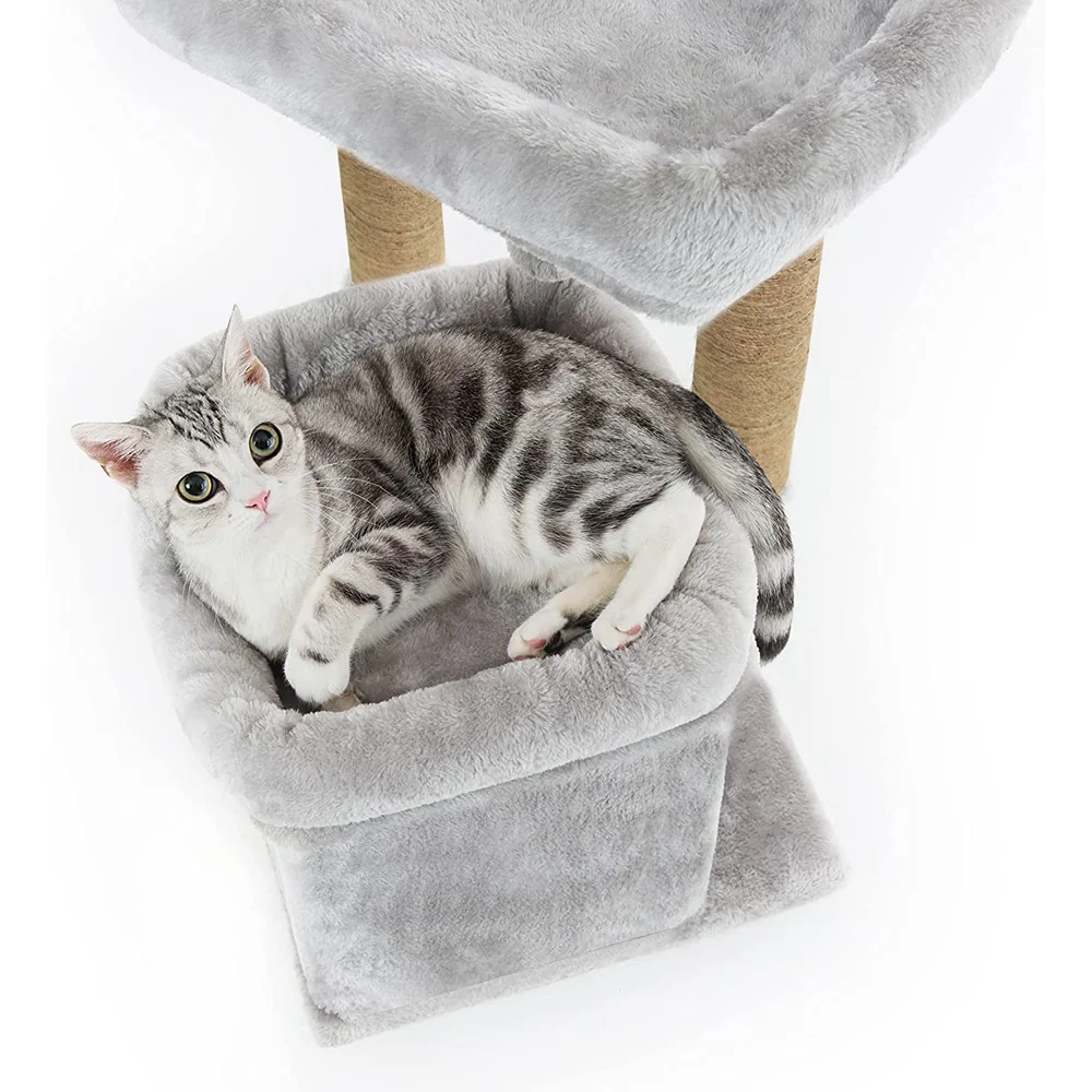 Furrlovers Plush Cat Tree with Scratching Post, Bed & Toy (Grey) - Image 3
