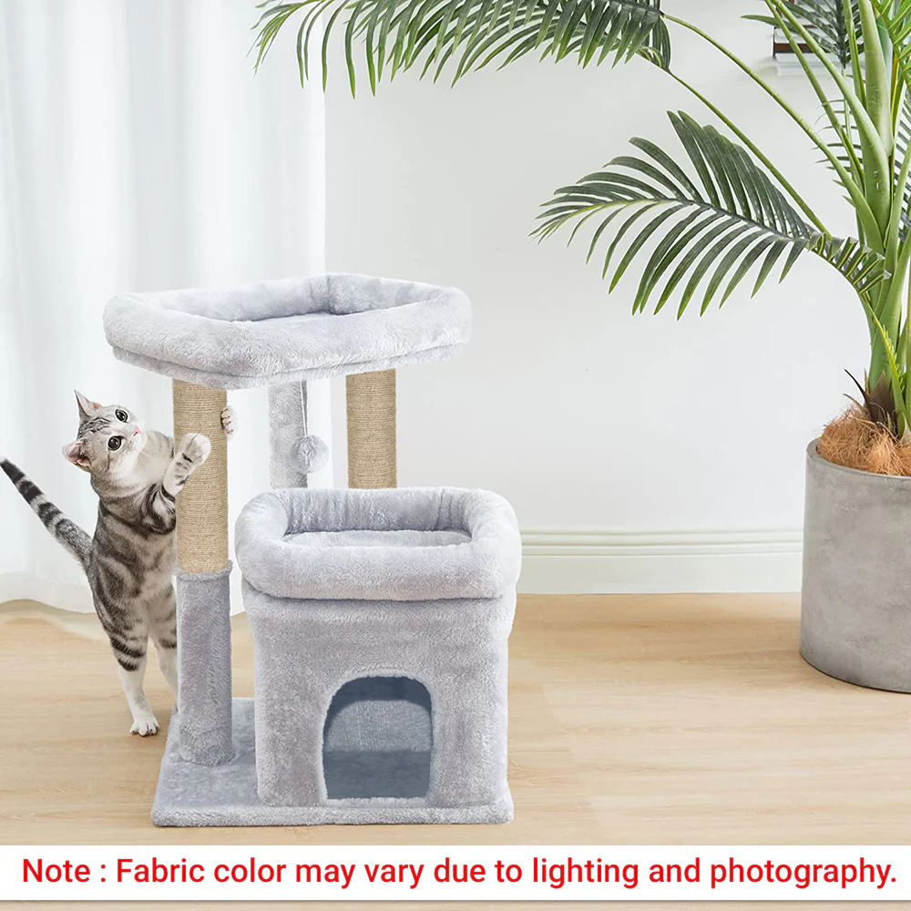 Furrlovers Plush Cat Tree with Scratching Post, Bed & Toy (Grey) - Image 4