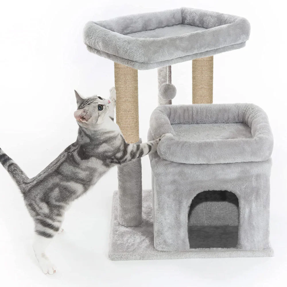 Furrlovers Plush Cat Tree with Scratching Post, Bed & Toy (Grey) - Image 5