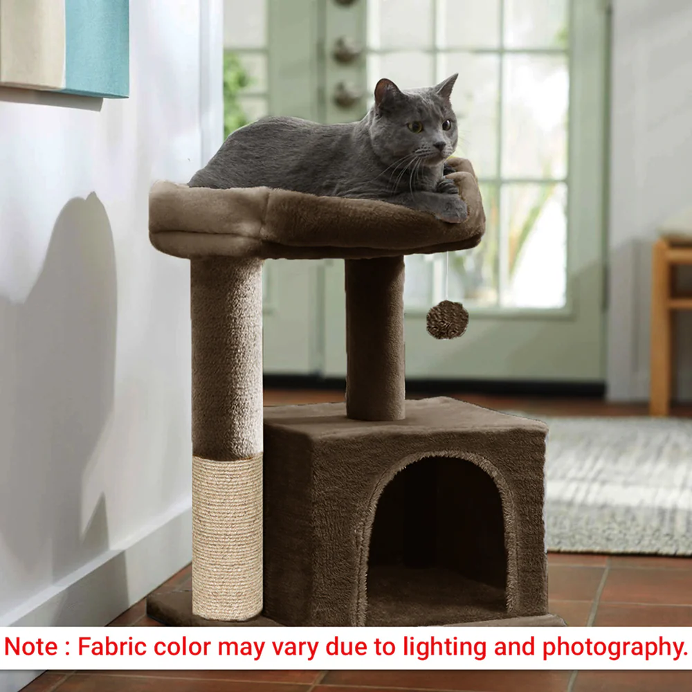 Furrlovers Plush Condo Cat Tree with Top Perch, Hanging Ball & Scratching Post (Brown) - Image 3