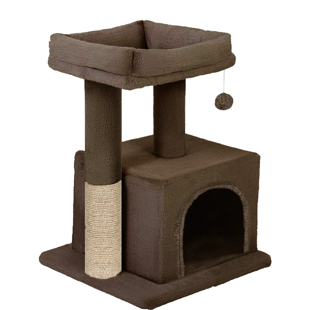 Furrlovers Plush Condo Cat Tree with Top Perch, Hanging Ball & Scratching Post (Brown) - Image 5