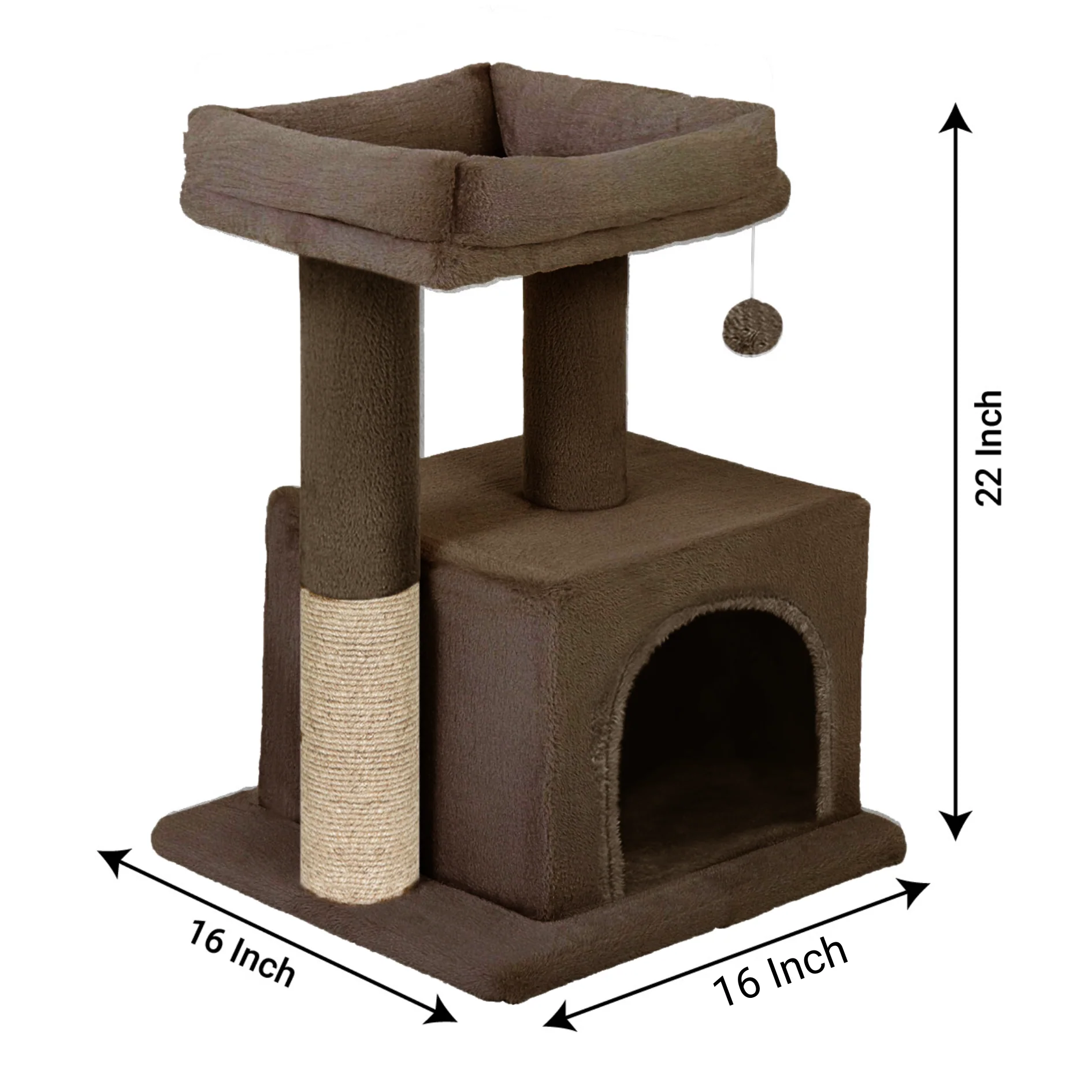 Furrlovers Plush Condo Cat Tree with Top Perch, Hanging Ball & Scratching Post (Brown) - Image 6