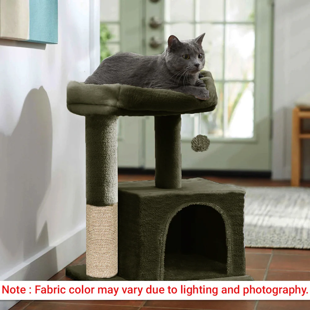 Furrlovers Plush Condo Cat Tree with Top Perch, Hanging Ball & Scratching Post (Green) - Image 3
