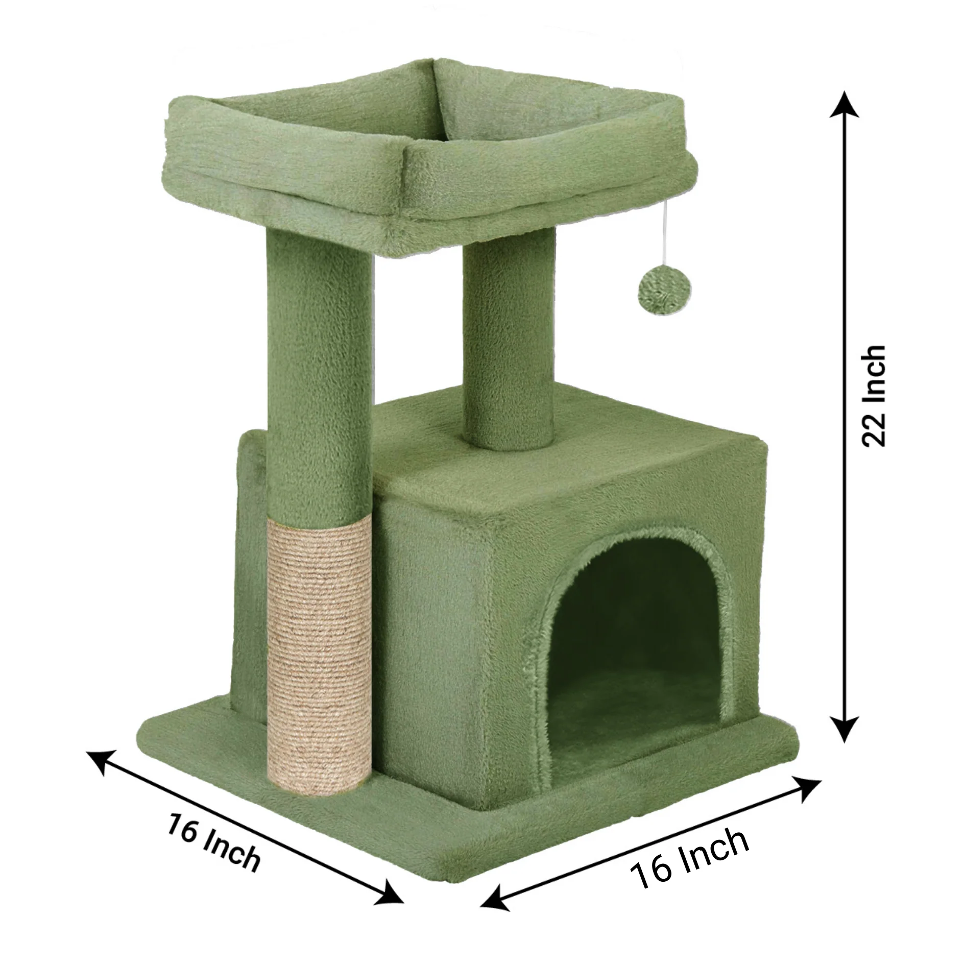 Furrlovers Plush Condo Cat Tree with Top Perch, Hanging Ball & Scratching Post (Green) - Image 6