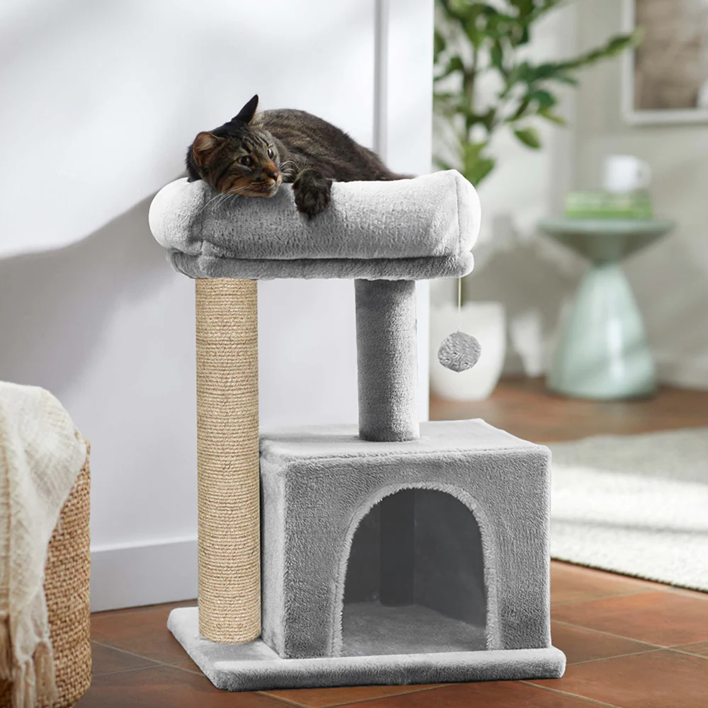 Furrlovers Plush Condo Cat Tree with Top Perch, Hanging Ball & Scratching Post (Grey) - Image 2