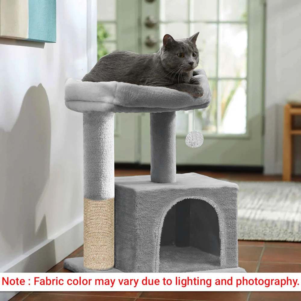 Furrlovers Plush Condo Cat Tree with Top Perch, Hanging Ball & Scratching Post (Grey) - Image 3
