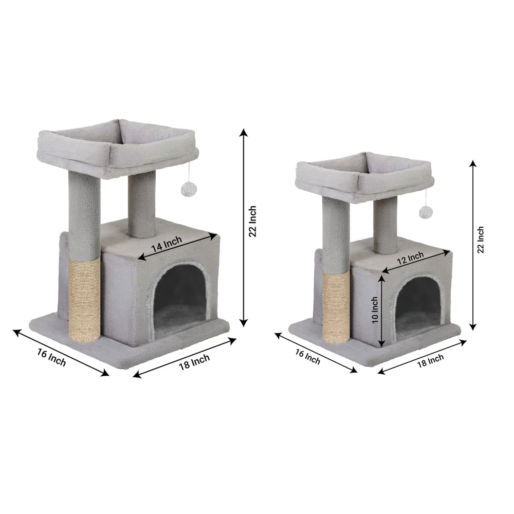 Furrlovers Plush Condo Cat Tree with Top Perch, Hanging Ball & Scratching Post (Grey) - Image 6
