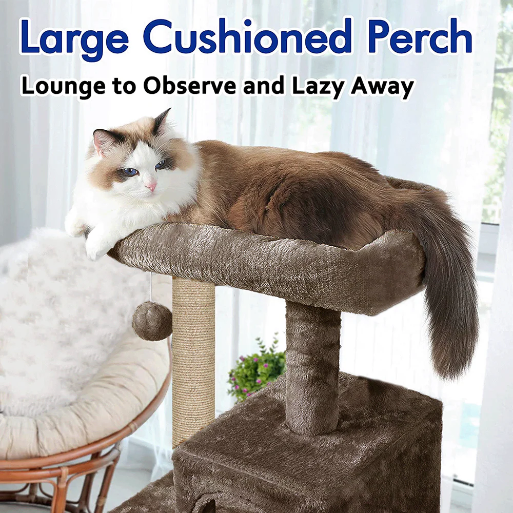 Furrlovers Plush Fabric Cat Tree with Top Bed, Hammock & Jute Rope Scratching Posts (Brown) - Image 2