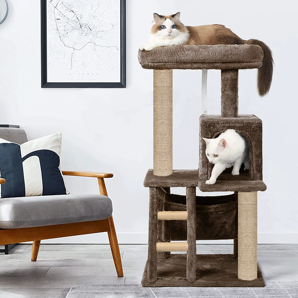 Furrlovers Plush Fabric Cat Tree with Top Bed, Hammock & Jute Rope Scratching Posts (Brown) - Image 3