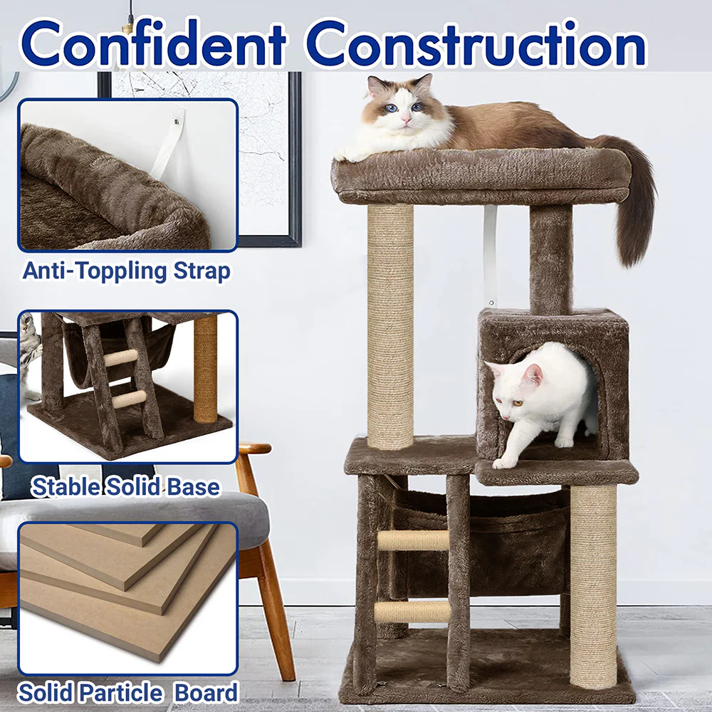 Furrlovers Plush Fabric Cat Tree with Top Bed, Hammock & Jute Rope Scratching Posts (Brown) - Image 4