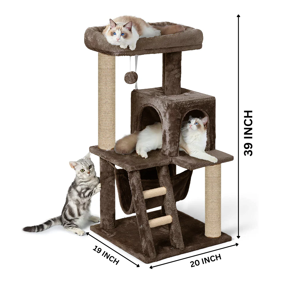 Furrlovers Plush Fabric Cat Tree with Top Bed, Hammock & Jute Rope Scratching Posts (Brown) - Image 6