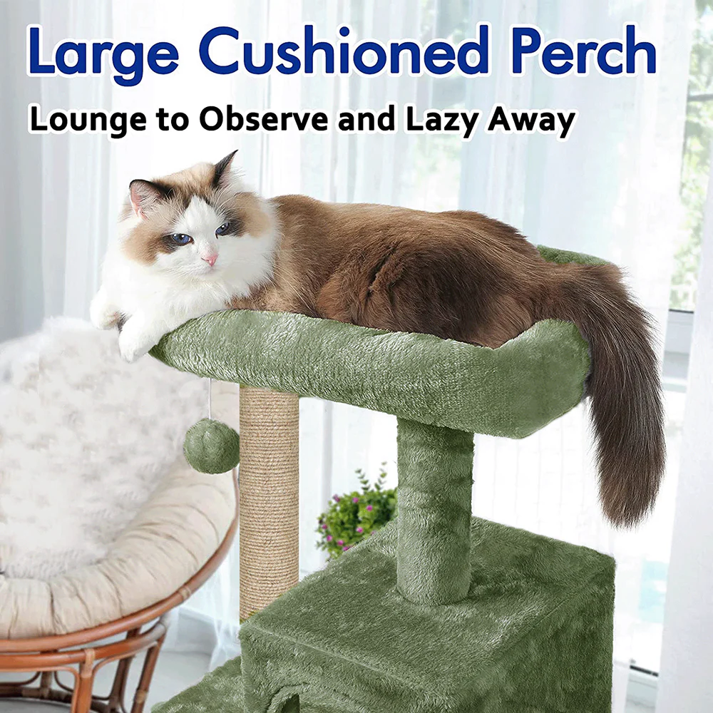 Furrlovers Plush Fabric Cat Tree with Top Bed, Hammock & Jute Rope Scratching Posts (Green) - Image 2
