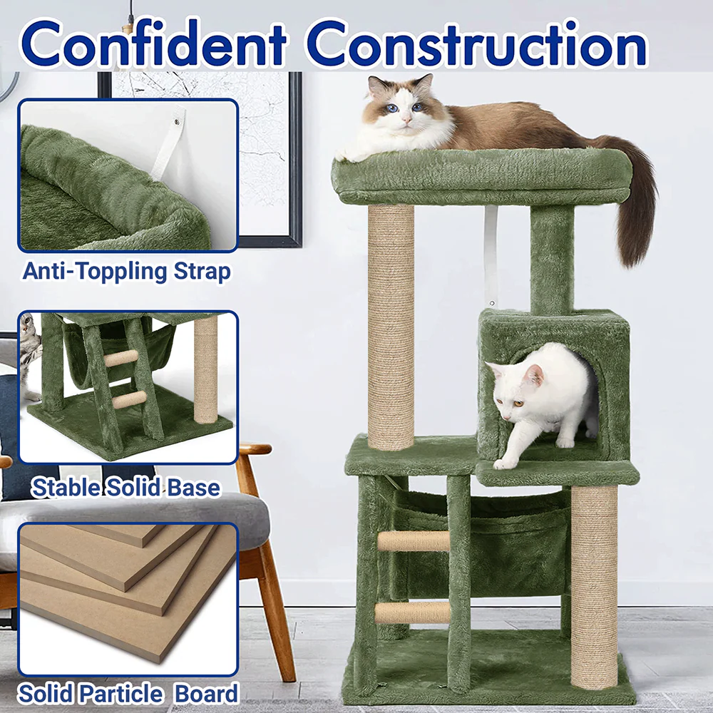 Furrlovers Plush Fabric Cat Tree with Top Bed, Hammock & Jute Rope Scratching Posts (Green) - Image 3