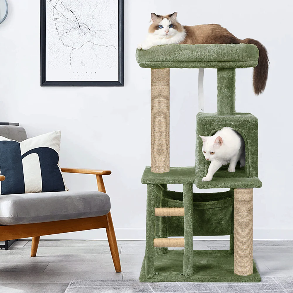 Furrlovers Plush Fabric Cat Tree with Top Bed, Hammock & Jute Rope Scratching Posts (Green) - Image 5