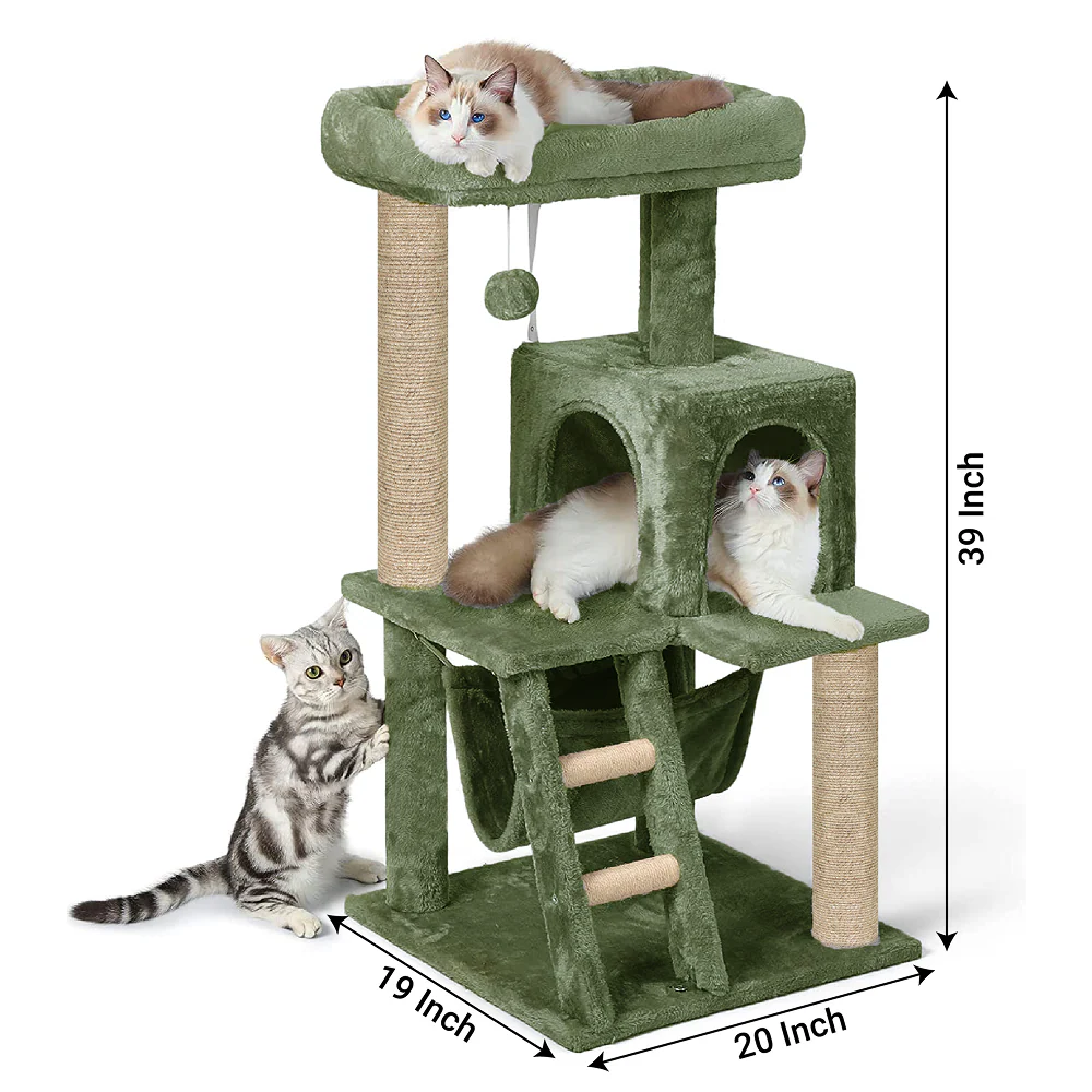 Furrlovers Plush Fabric Cat Tree with Top Bed, Hammock & Jute Rope Scratching Posts (Green) - Image 6
