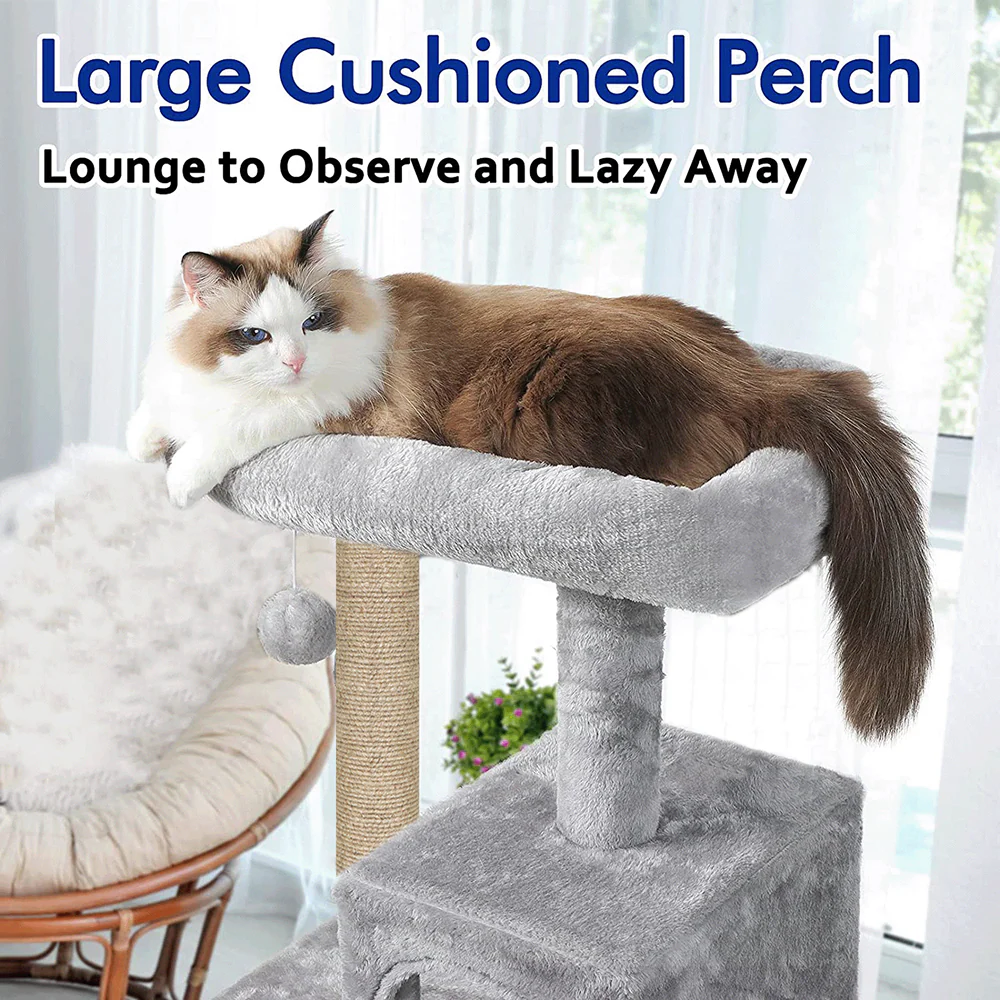 Furrlovers Plush Fabric Cat Tree with Top Bed, Hammock & Jute Rope Scratching Posts (Grey) - Image 2