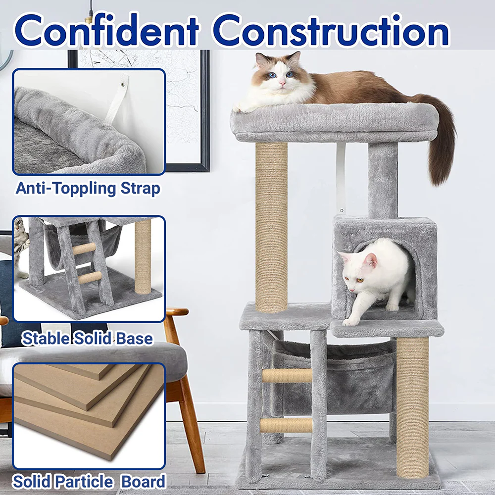 Furrlovers Plush Fabric Cat Tree with Top Bed, Hammock & Jute Rope Scratching Posts (Grey) - Image 3