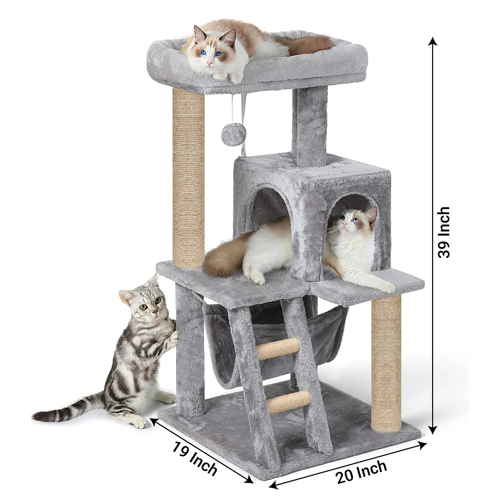 Furrlovers Plush Fabric Cat Tree with Top Bed, Hammock & Jute Rope Scratching Posts (Grey) - Image 4