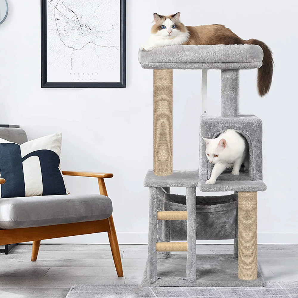 Furrlovers Plush Fabric Cat Tree with Top Bed, Hammock & Jute Rope Scratching Posts (Grey) - Image 8