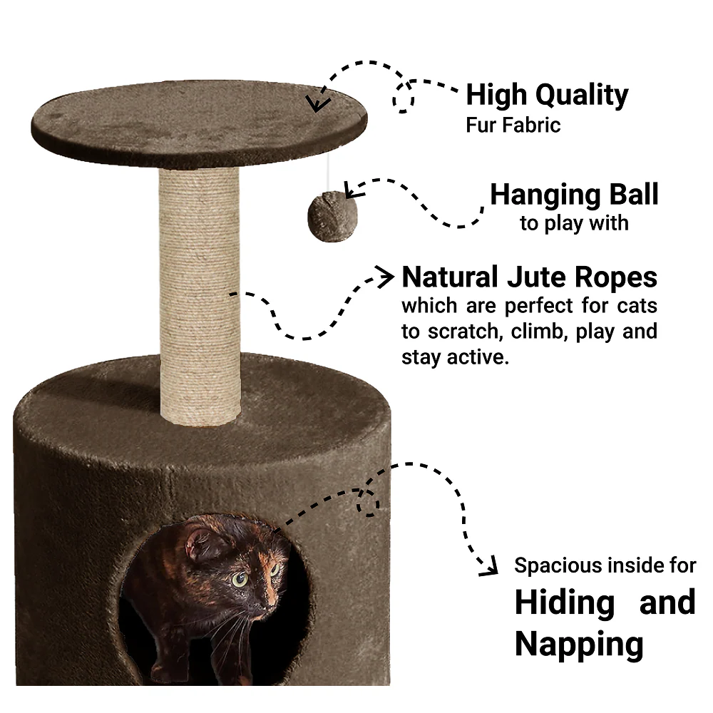 Furrlovers Plush Fur Cat Tree Condo with Jute Rope & Hanging Ball (Brown) - Image 2