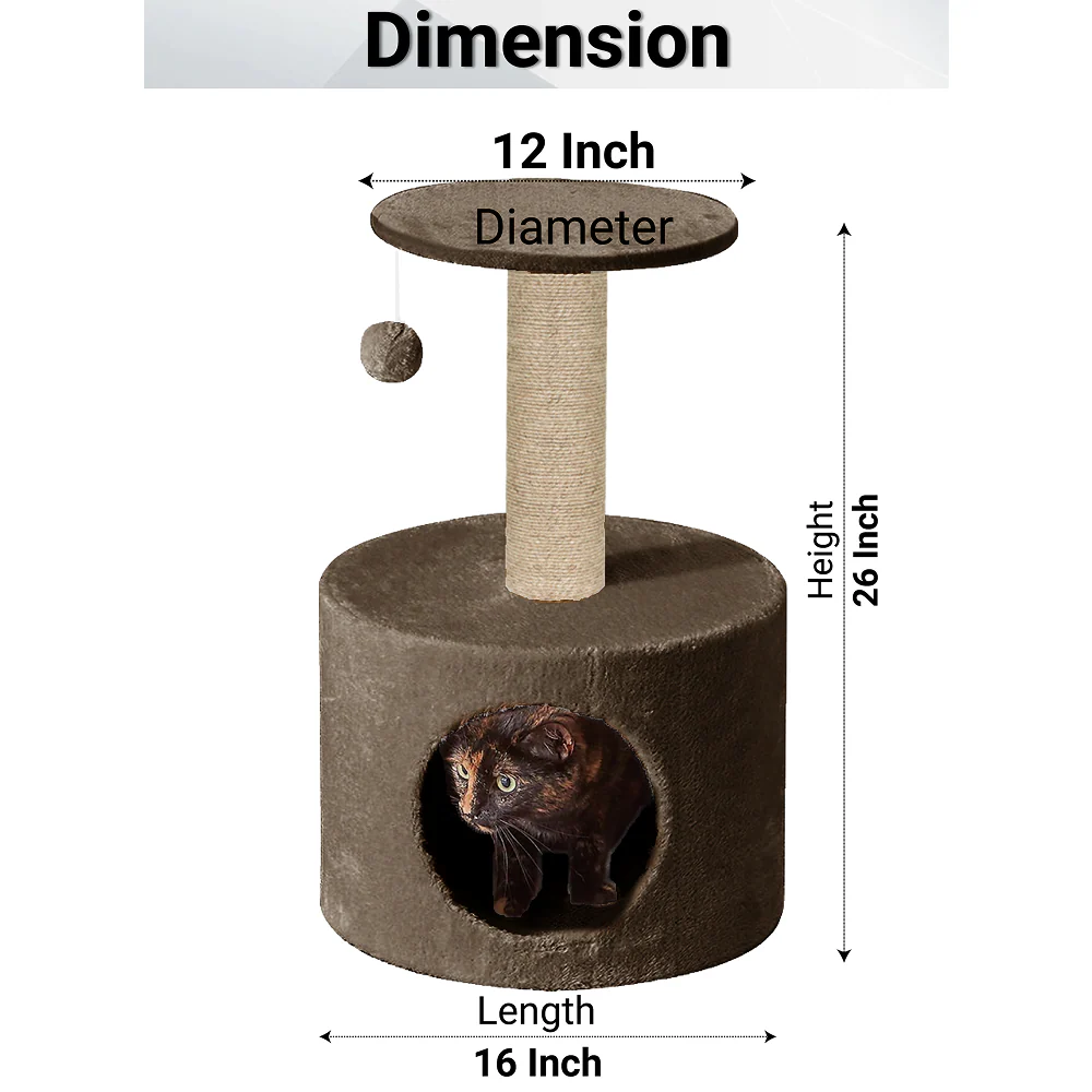 Furrlovers Plush Fur Cat Tree Condo with Jute Rope & Hanging Ball (Brown) - Image 3