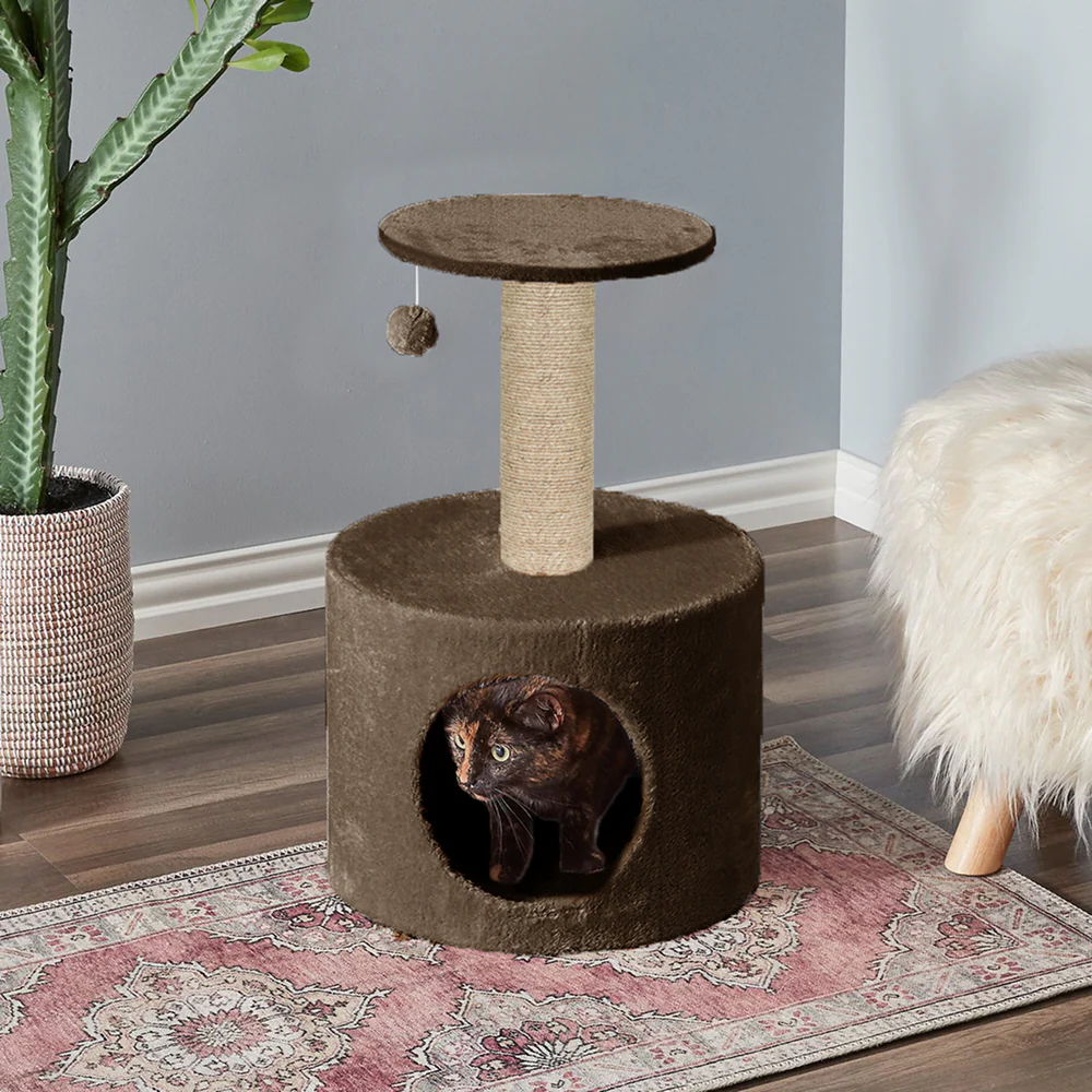 Furrlovers Plush Fur Cat Tree Condo with Jute Rope & Hanging Ball (Brown) - Image 4