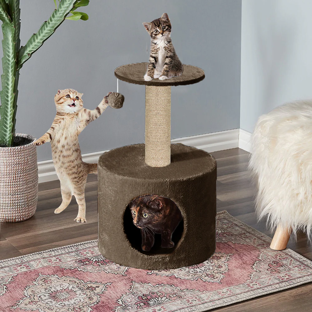 Furrlovers Plush Fur Cat Tree Condo with Jute Rope & Hanging Ball (Brown) - Image 5