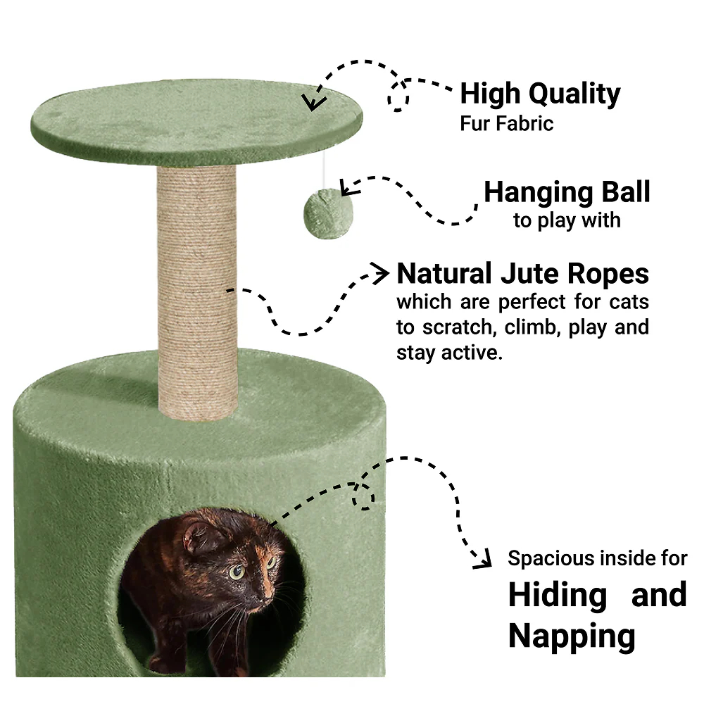 Furrlovers Plush Fur Cat Tree Condo with Jute Rope & Hanging Ball (Green) - Image 2